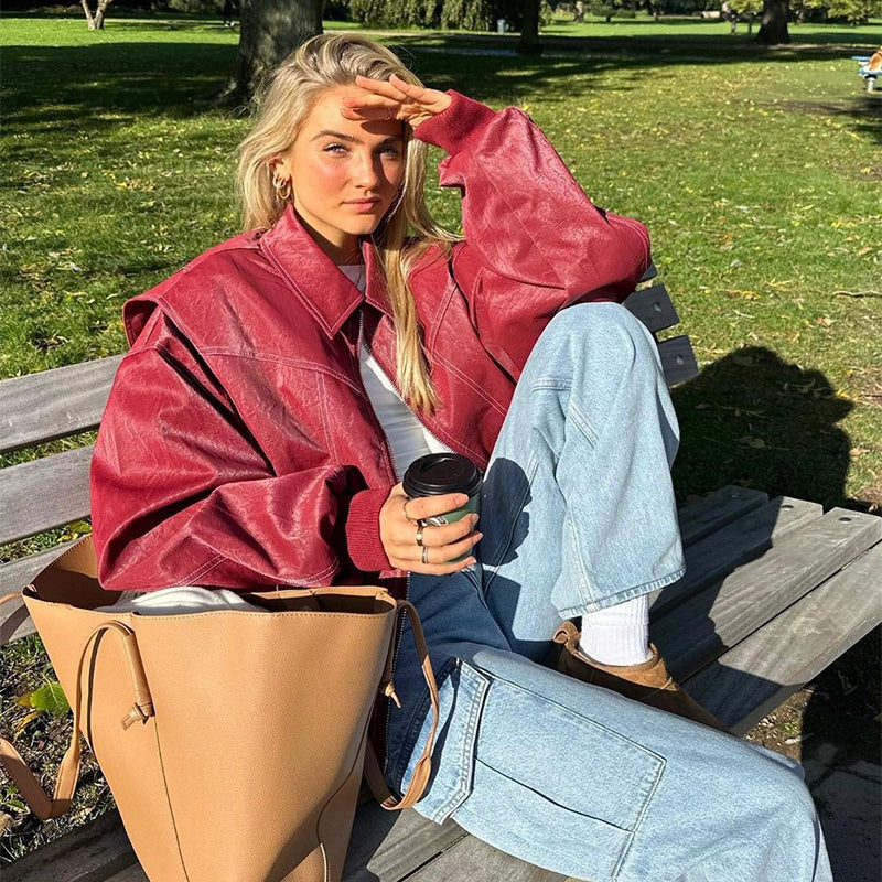 Liv | Oversized Burgundy PU-Lederjacke