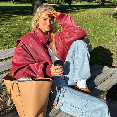 Liv | Oversized Burgundy PU-Lederjacke